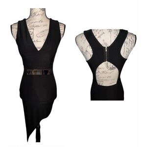 Women’s Sexy Black Body con Dress, sleeveless, front buckle, racer back, cut out